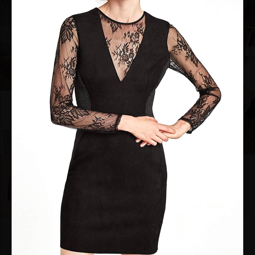 Zara fitted round neck dress with long lace in XS